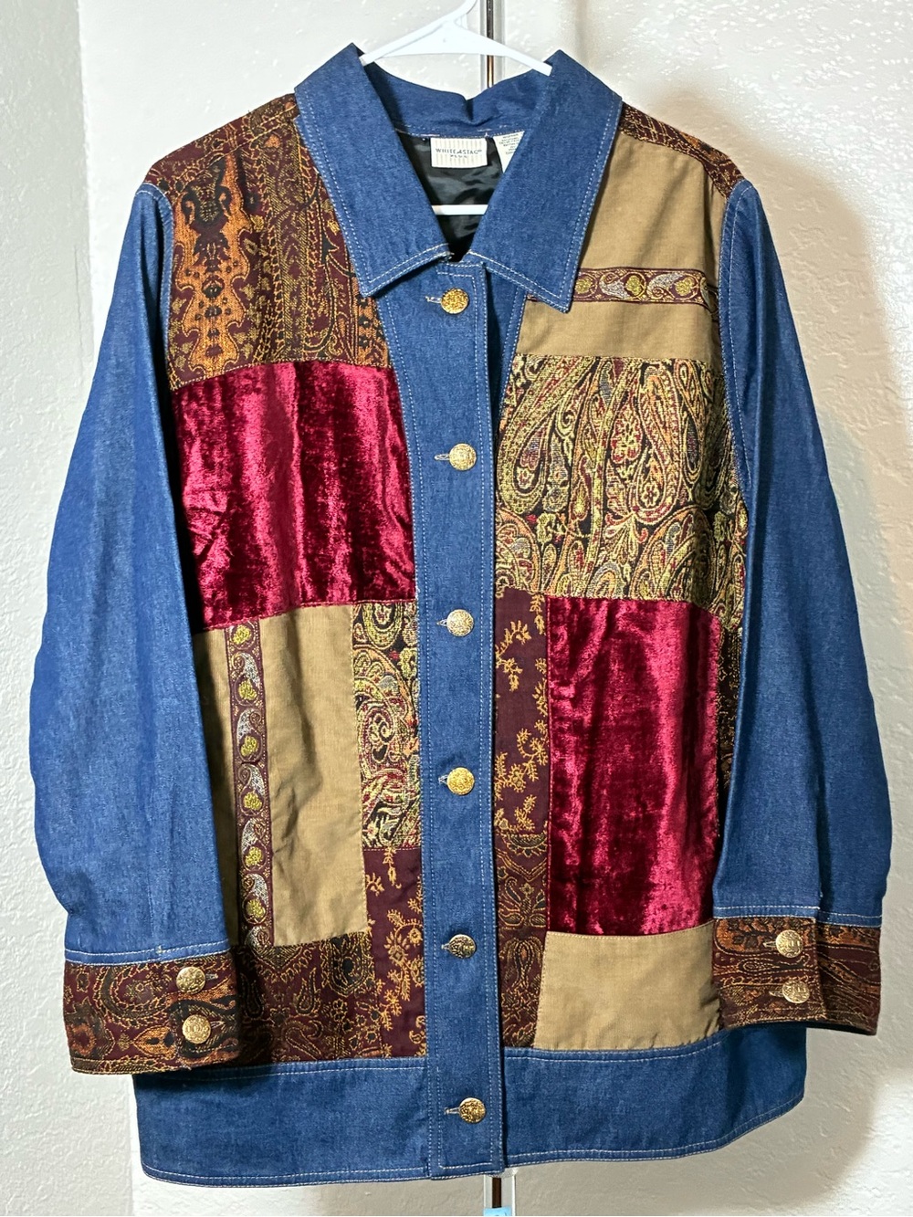 VTG White Stag Patchwork Denim Jacket with Burgundy & Tan Accents Woman’s 16W